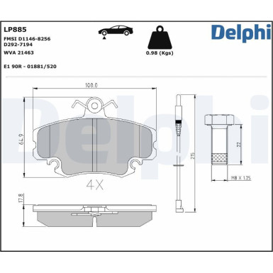 Delphi | Bremsbelagsatz, Scheibenbremse | LP885