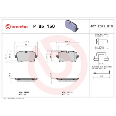 Brembo | Bremsbelagsatz, Scheibenbremse | P 85 150