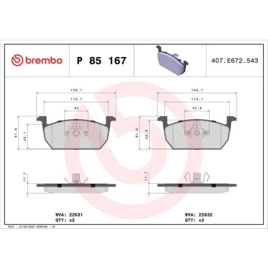 Brembo | Bremsbelagsatz, Scheibenbremse | P 85 167