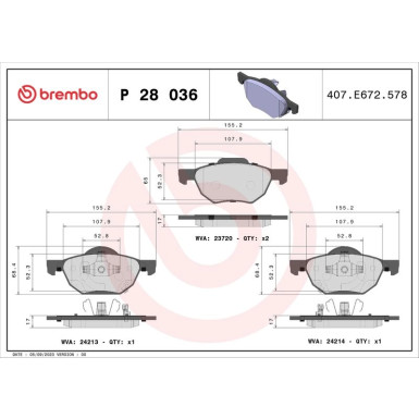 Brembo | Bremsbelagsatz, Scheibenbremse | P 28 036