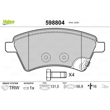 Valeo | Bremsbelagsatz, Scheibenbremse | 598804