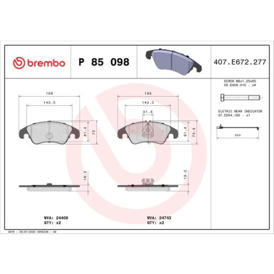 Brembo | Bremsbelagsatz, Scheibenbremse | P 85 098