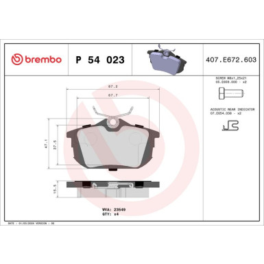 Brembo | Bremsbelagsatz, Scheibenbremse | P 54 023