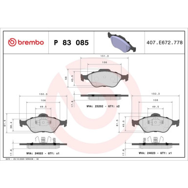 Brembo | Bremsbelagsatz, Scheibenbremse | P 83 085