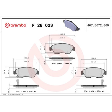 Brembo | Bremsbelagsatz, Scheibenbremse | P 28 023