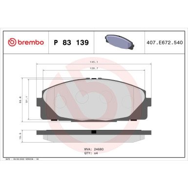 Brembo | Bremsbelagsatz, Scheibenbremse | P 83 139