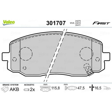 Valeo | Bremsbelagsatz, Scheibenbremse | 301707