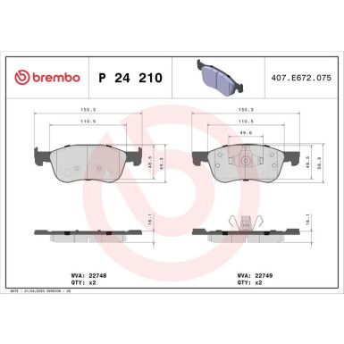 Brembo | Bremsbelagsatz, Scheibenbremse | P 24 210