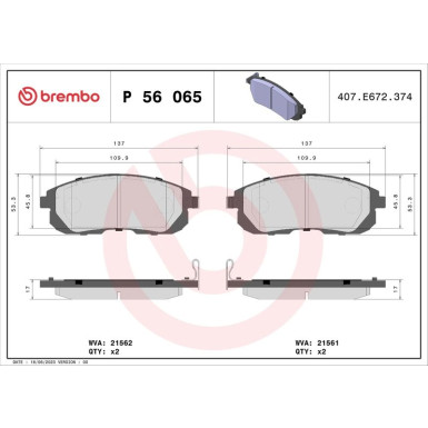 Brembo | Bremsbelagsatz, Scheibenbremse | P 56 065