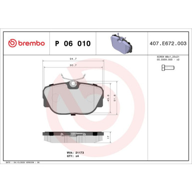 Brembo | Bremsbelagsatz, Scheibenbremse | P 06 010