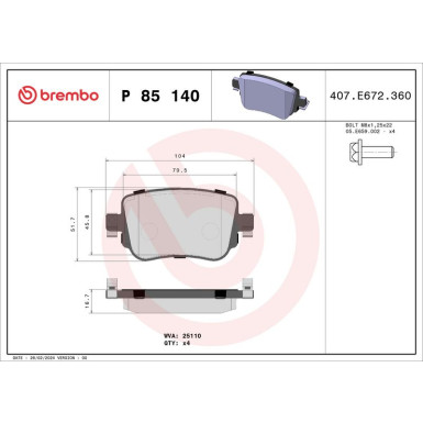 Brembo | Bremsbelagsatz, Scheibenbremse | P 85 140