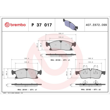 Brembo | Bremsbelagsatz, Scheibenbremse | P 37 017