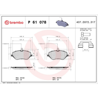 Brembo | Bremsbelagsatz, Scheibenbremse | P 61 078