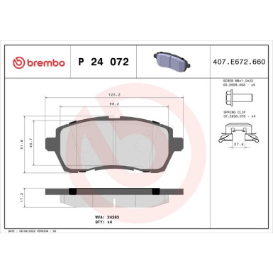 Brembo | Bremsbelagsatz, Scheibenbremse | P 24 072