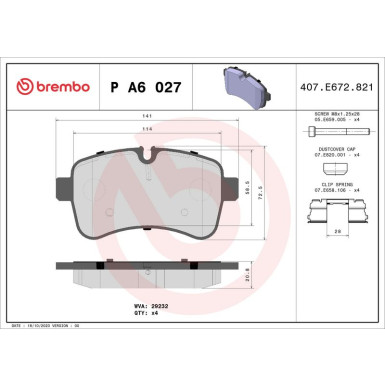 Brembo | Bremsbelagsatz, Scheibenbremse | P A6 027