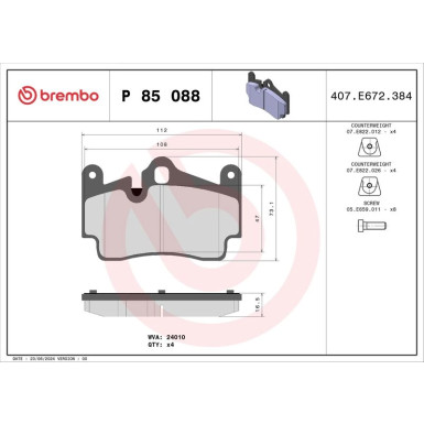 Brembo | Bremsbelagsatz, Scheibenbremse | P 85 088