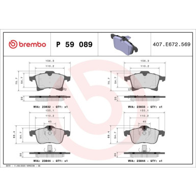 Brembo | Bremsbelagsatz, Scheibenbremse | P 59 089