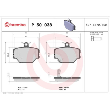 Brembo | Bremsbelagsatz, Scheibenbremse | P 50 038