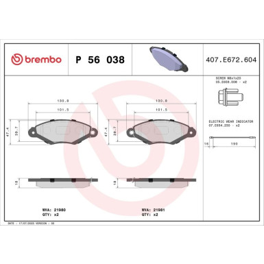 Brembo | Bremsbelagsatz, Scheibenbremse | P 56 038