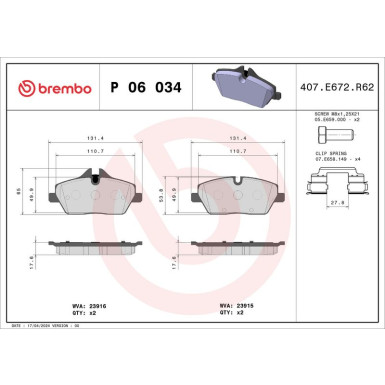 Brembo | Bremsbelagsatz, Scheibenbremse | P 06 034