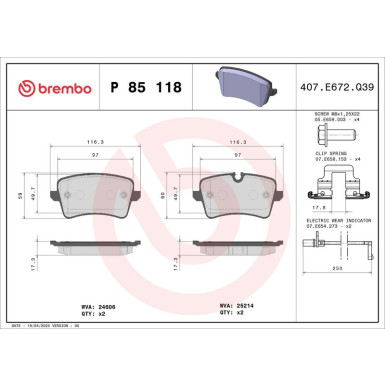 Brembo | Bremsbelagsatz, Scheibenbremse | P 85 118