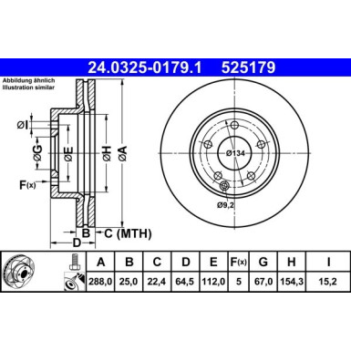 ATE PowerDisc 24.0325-0179.1 Bremsscheibe passend für MERCEDES-BENZ C-Klasse 288,0x25,0mm, 5x112,0, Belüftet, beschichtet, legiert/hochgekohlt