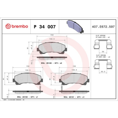 Brembo | Bremsbelagsatz, Scheibenbremse | P 34 007