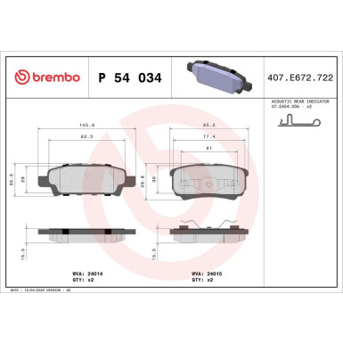 Brembo | Bremsbelagsatz, Scheibenbremse | P 54 034