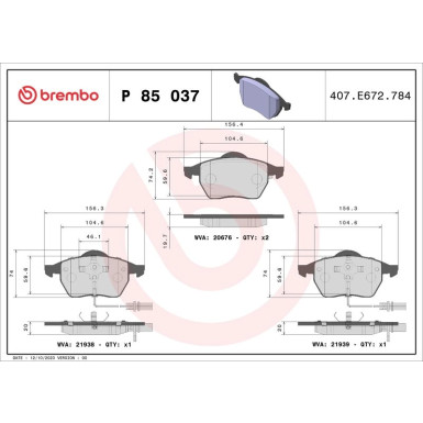 Brembo | Bremsbelagsatz, Scheibenbremse | P 85 037