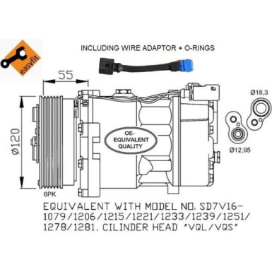 NRF EASY FIT 32064 Klimakompressor SD7V16 WITH ADAPTER, 12V, PAG 46, mit PAG-Kompressoröl, mit Dichtring