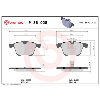 Brembo | Bremsbelagsatz, Scheibenbremse | P 36 028