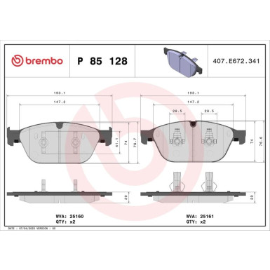 Brembo | Bremsbelagsatz, Scheibenbremse | P 85 128