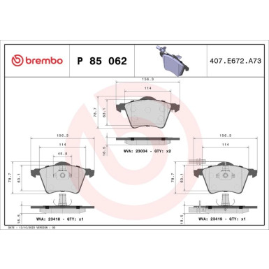 Brembo | Bremsbelagsatz, Scheibenbremse | P 85 062