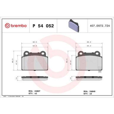 Brembo | Bremsbelagsatz, Scheibenbremse | P 54 052