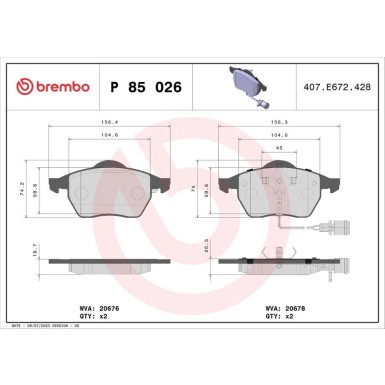 Brembo | Bremsbelagsatz, Scheibenbremse | P 85 026