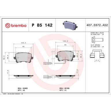 Brembo | Bremsbelagsatz, Scheibenbremse | P 85 142