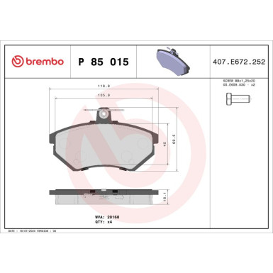 Brembo | Bremsbelagsatz, Scheibenbremse | P 85 015