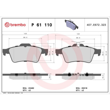 Brembo | Bremsbelagsatz, Scheibenbremse | P 61 110