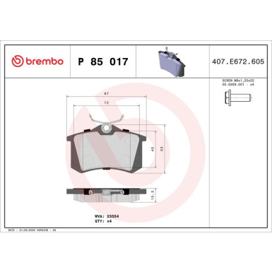 Brembo | Bremsbelagsatz, Scheibenbremse | P 85 017