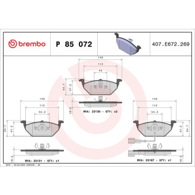 Brembo | Bremsbelagsatz, Scheibenbremse | P 85 072X