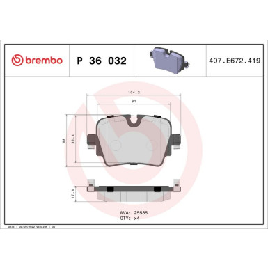 Brembo | Bremsbelagsatz, Scheibenbremse | P 36 032