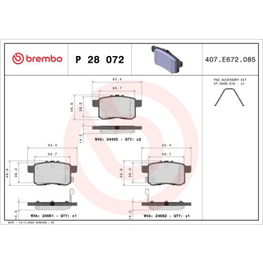 Brembo | Bremsbelagsatz, Scheibenbremse | P 28 072