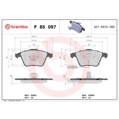 Brembo | Bremsbelagsatz, Scheibenbremse | P 85 097