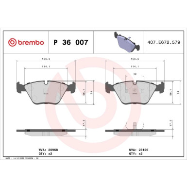 Brembo | Bremsbelagsatz, Scheibenbremse | P 36 007