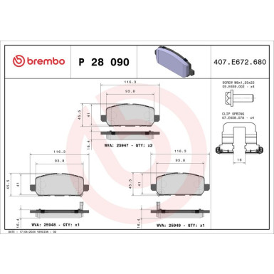 Brembo | Bremsbelagsatz, Scheibenbremse | P 28 090