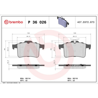 Brembo | Bremsbelagsatz, Scheibenbremse | P 36 026