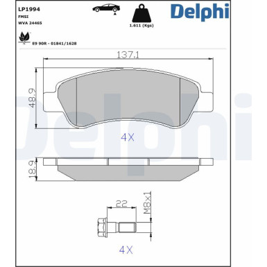 Delphi | Bremsbelagsatz, Scheibenbremse | LP1994