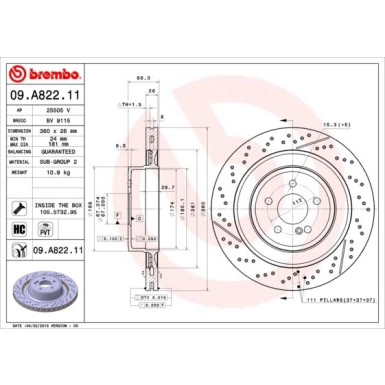 BREMBO 09.A822.11 Bremsscheibe für MERCEDES E-Klasse, CLS, C-Klasse 360x26mm, 5, gelocht, hochgekohlt