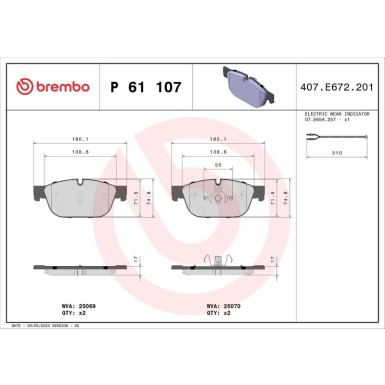 Brembo | Bremsbelagsatz, Scheibenbremse | P 61 107