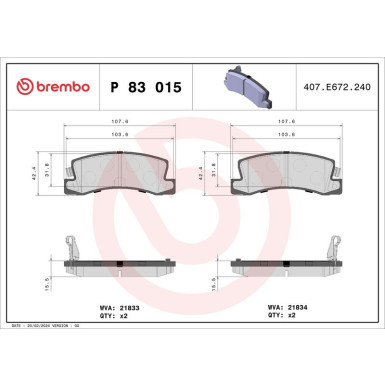 Brembo | Bremsbelagsatz, Scheibenbremse | P 83 015